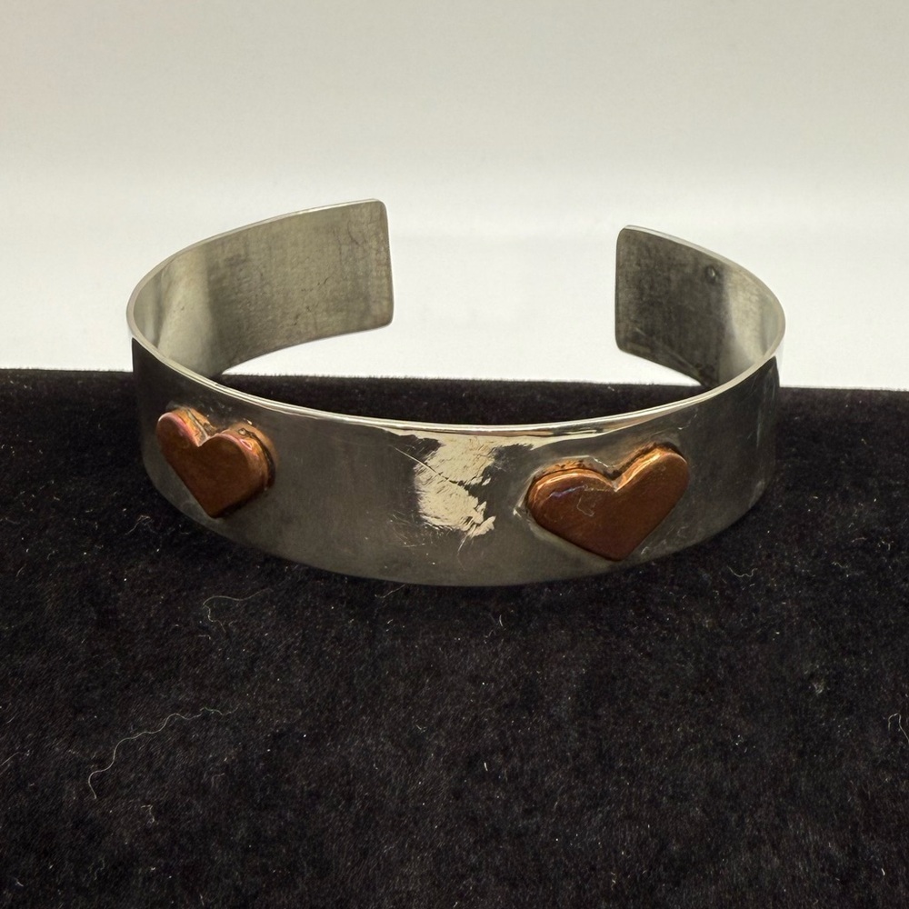 Silver Tone & Copper Heart Cuff Bracelet Mixed Metal